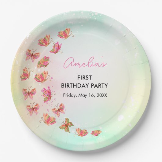 Pretty in Pink Butterfly Birthday Party Plates ペーパープレート (正面)