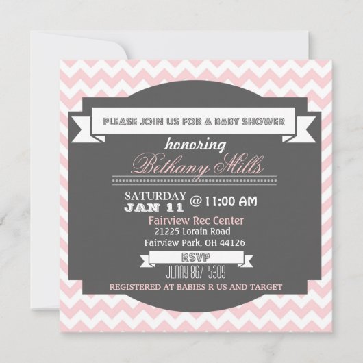Pretty In Pink Chevron ベビーシャワー招待状 招待状 (正面)