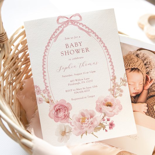 Pretty in Pink Floral Baby Shower  招待状