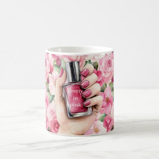 Pretty in Pink Roses Floral Hand Nail Polish コーヒーマグカップ (中央)