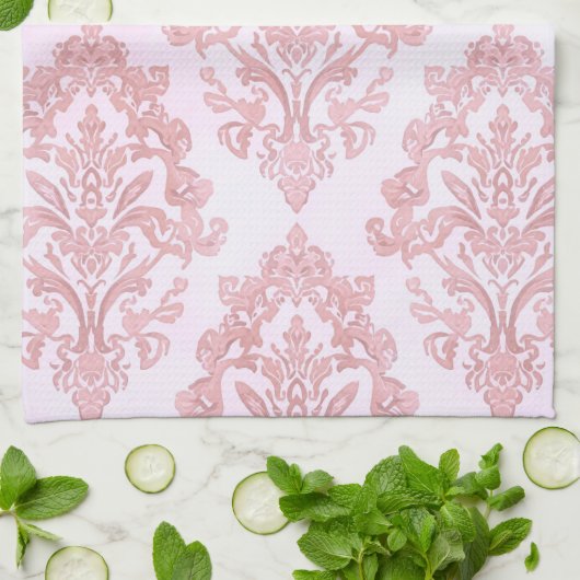 Pretty in Pink Victorian Damask Watercolor Pattern キッチンタオル (折り畳み)