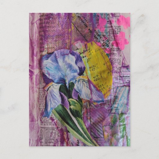 Pretty Iris Flower pink stars mixed media collage  ポストカード (正面)