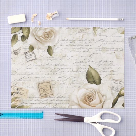 Pretty Ivory Roses on Simulated Text and Stamps 薄葉紙 (クラフト)