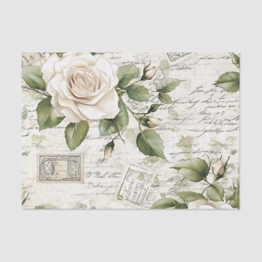 Pretty Ivory Roses with Simulated Text and Stamps 薄葉紙 (正面)