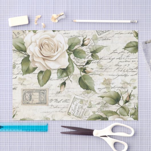 Pretty Ivory Roses with Simulated Text and Stamps 薄葉紙 (クラフト)