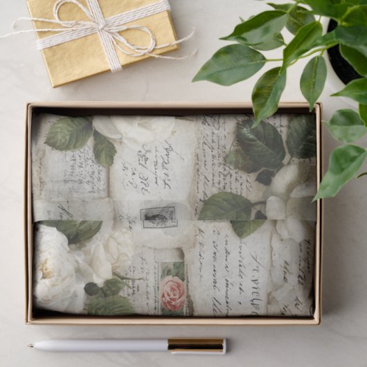 Pretty Ivory Roses with Simulated Text and Stamps 薄葉紙 (ギフト)