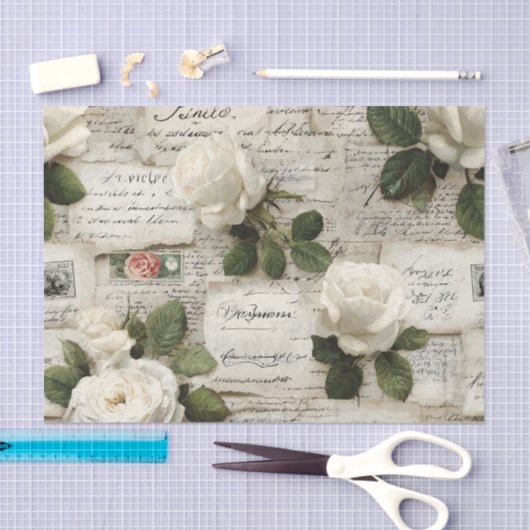 Pretty Ivory Roses with Simulated Text and Stamps 薄葉紙 (クラフト)