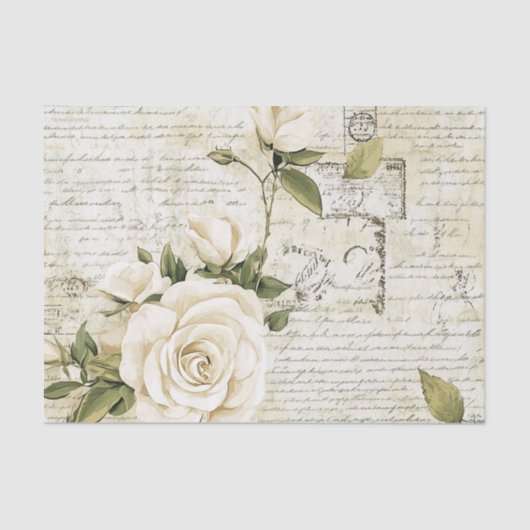 Pretty Ivory Roses with Simulated Text and Stamps 薄葉紙 (正面)