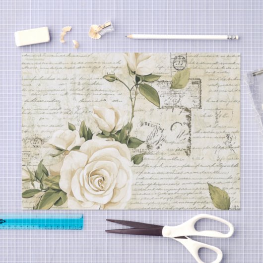 Pretty Ivory Roses with Simulated Text and Stamps 薄葉紙 (クラフト)