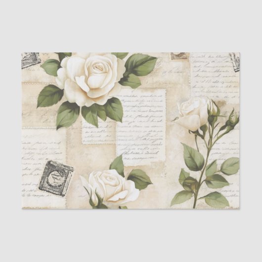 Pretty Ivory Roses with Simulated Text and Stamps 薄葉紙 (正面)