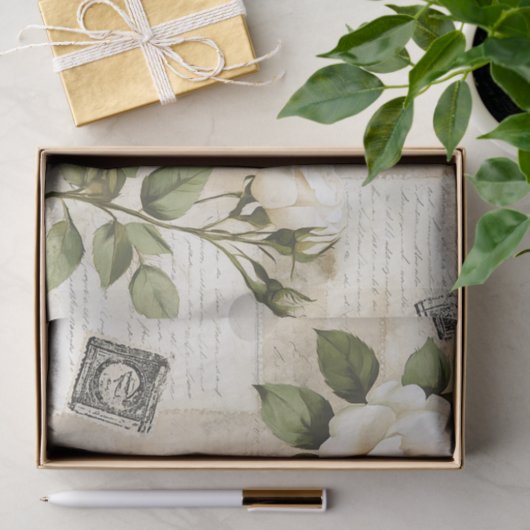 Pretty Ivory Roses with Simulated Text and Stamps 薄葉紙 (ギフト)