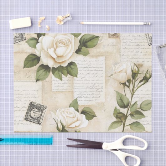 Pretty Ivory Roses with Simulated Text and Stamps 薄葉紙 (クラフト)