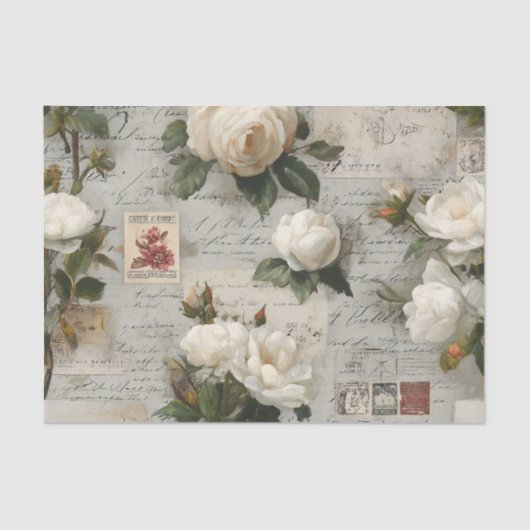 Pretty Ivory Roses with Simulated Text and Stamps 薄葉紙 (正面)