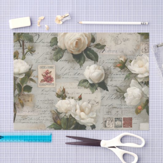 Pretty Ivory Roses with Simulated Text and Stamps 薄葉紙 (クラフト)