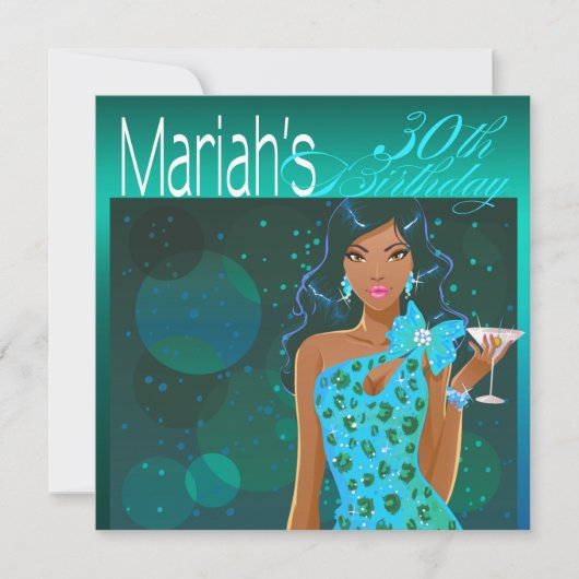 Pretty Lady バースデー カクテル パーティー ティール/アクア 招待状 (正面)