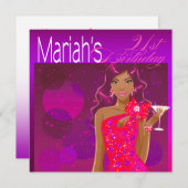 Pretty Lady バースデー カクテル 紫/フューシャ 招待状 (正面/裏面)