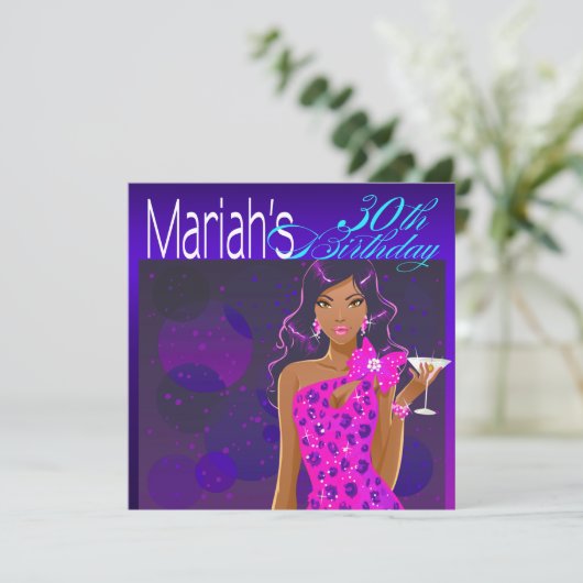 Pretty Lady 誕生日カクテルパーティー コバルト/フューシャ 招待状 (スタンド正面)