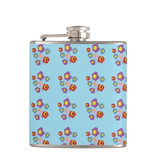 Pretty Ladybug and Flowers Light Blue Pattern フラスク (正面)