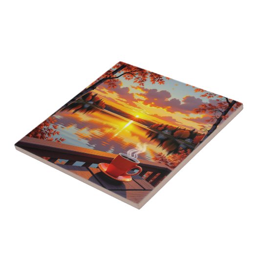 Pretty Lake Side View of a Sunrise and Warm Coffee タイル (側面)