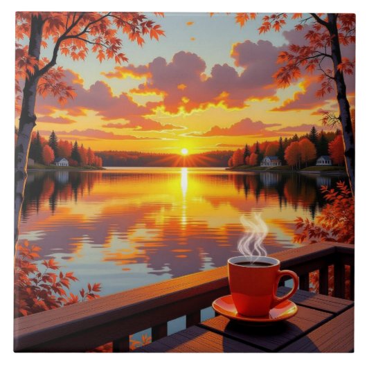 Pretty Lake Side View of a Sunrise and Warm Coffee タイル (正面)