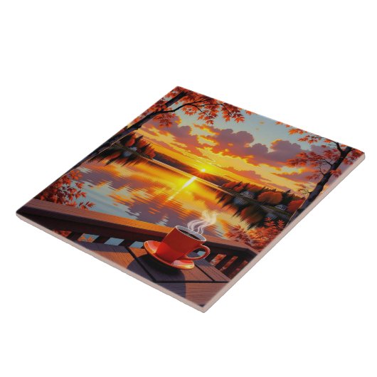 Pretty Lake Side View of a Sunrise and Warm Coffee タイル (側面)