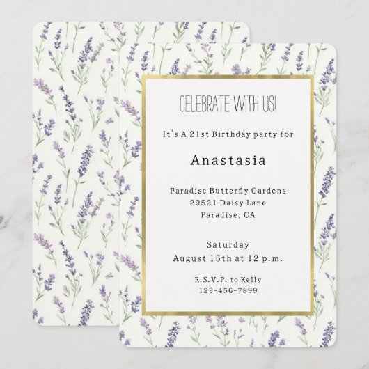 Pretty Lavender White Flowers Birthday 招待状 (正面/裏面)