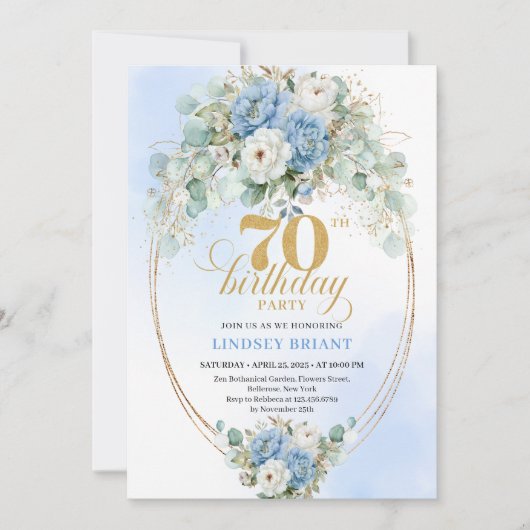 Pretty Light Blue Peonies 70th Birthday Invitation 招待状 (正面)