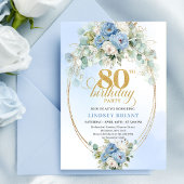 Pretty Light Blue Peonies Gold Frame 80th Birthday 招待状