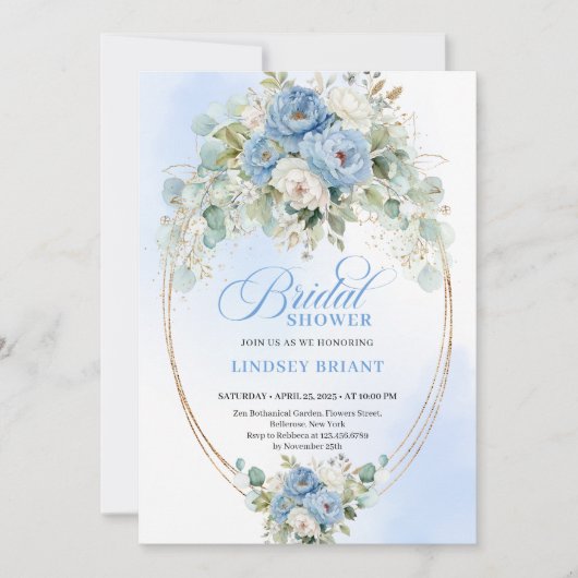 Pretty Light Blue Peony Eucalyptus Bridal Shower 招待状 (正面)