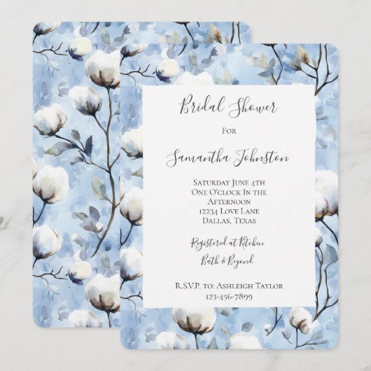 Pretty Light Blue White Floral Bridal Shower 招待状 (正面/裏面)