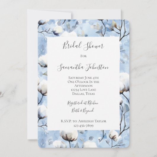 Pretty Light Blue White Floral Bridal Shower 招待状 (正面)