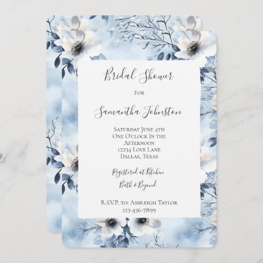 Pretty Light Blue White Flowers Bridal Shower 招待状 (正面/裏面)