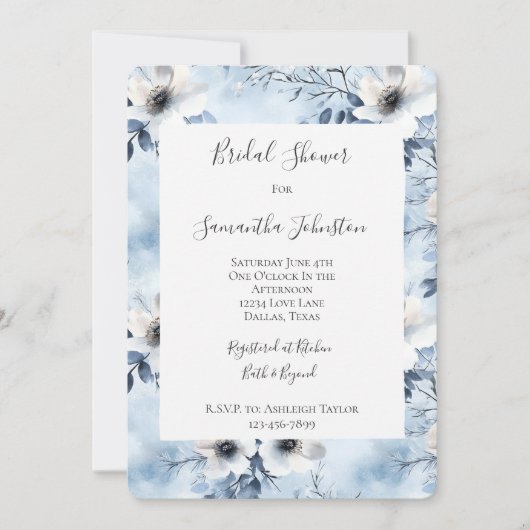 Pretty Light Blue White Flowers Bridal Shower 招待状 (正面)
