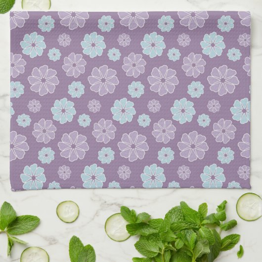 Pretty Lilac Purple and Blue Flower Pattern キッチンタオル (折り畳み)