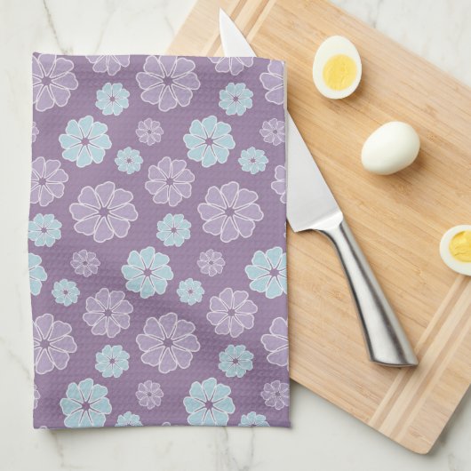 Pretty Lilac Purple and Blue Flower Pattern キッチンタオル (四つ折り)