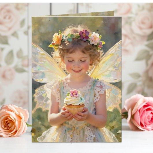 Pretty Little Fairy Girl with Cupcake Birthday カード