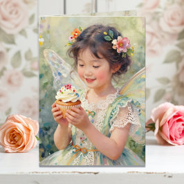 Pretty Little Fairy Girl with Cupcake Birthday カード