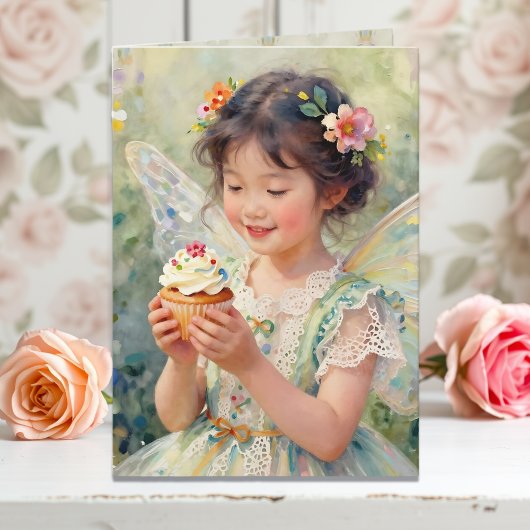 Pretty Little Fairy Girl with Cupcake Birthday カード