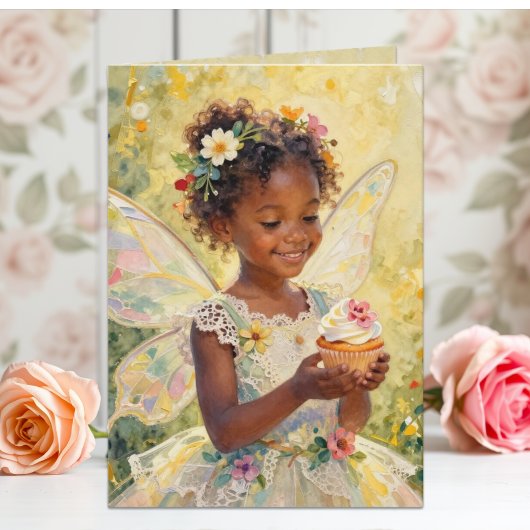 Pretty Little Fairy Girl with Cupcake Birthday カード