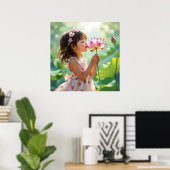 Pretty Little Girl Smelling a Pink Rose ポスター (ホームオフィス)