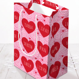 Pretty Love Heart Custom Text Modern Valentines ミディアムペーパーバッグ