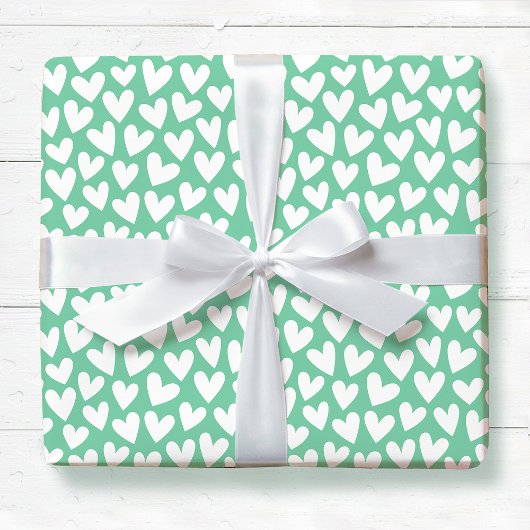 Pretty Love Heart Pattern Mint White Valentine ラッピングペーパー