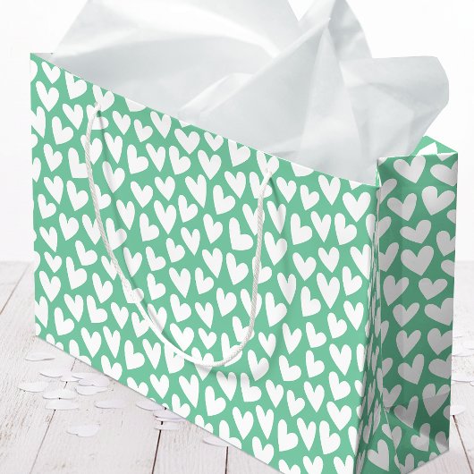 Pretty Love Heart Pattern Mint White Valentine ラージペーパーバッグ