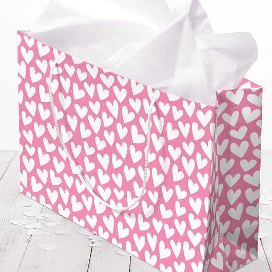 Pretty Love Heart Pattern Pink White Valentine ラージペーパーバッグ
