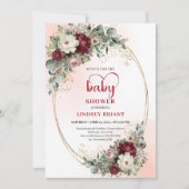 Pretty Maroon Floral Gold Baby Shower Invite 招待状 (正面)