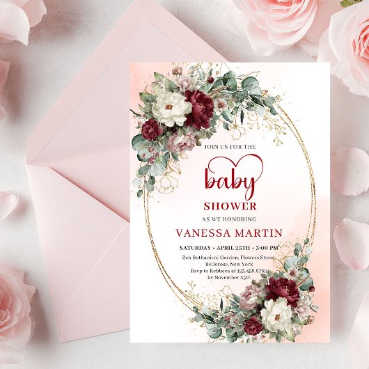 Pretty Maroon Floral Gold Baby Shower Invite 招待状