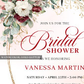 Pretty Maroon Floral Gold Bridal Shower Invitation 招待状
