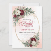 Pretty Maroon Floral Gold Bridal Shower Invitation 招待状 (正面)