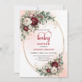 Pretty Marsala Flowers Gold Baby Shower Invitation 招待状 (正面)
