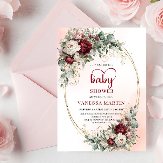 Pretty Marsala Flowers Gold Baby Shower Invitation 招待状